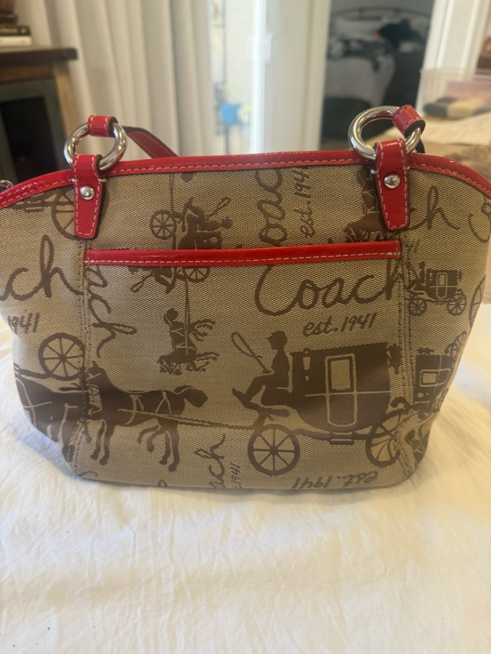 Coach Tan Signature Canvas Satchel with Red Leather Trim - Picture 8 of 9